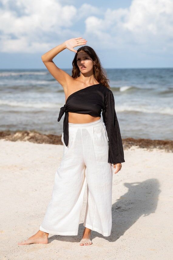 Linen One Shoulder Crop Top Asymmetrical Tube...