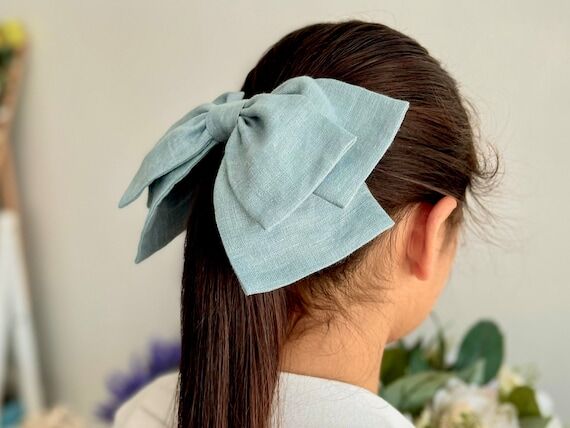 Sea Green Linen Hair Bow, Solid Big Blue Bow,...