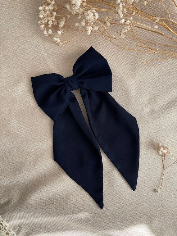 Navy Chiffon Sailor Hair Bow with Pointed Tai...