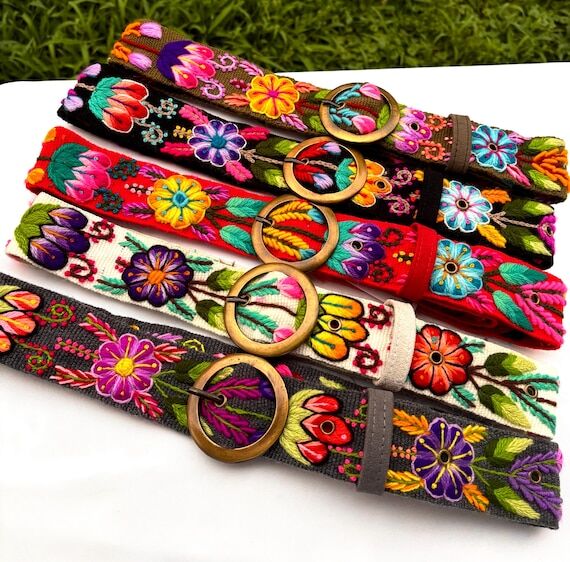 Embroidered Alpaca Floral Peruvian Belt: Hand...