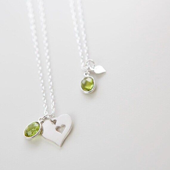 Peridot Birthstone Heart Pendant Necklace Set...