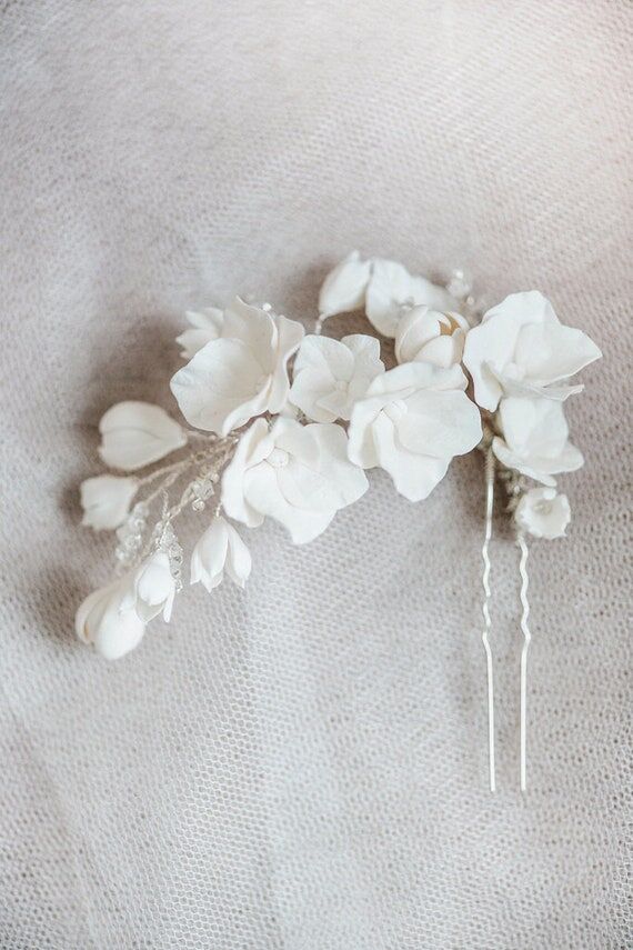 White Clay Flower Large Bridal Hairpin: Flora...