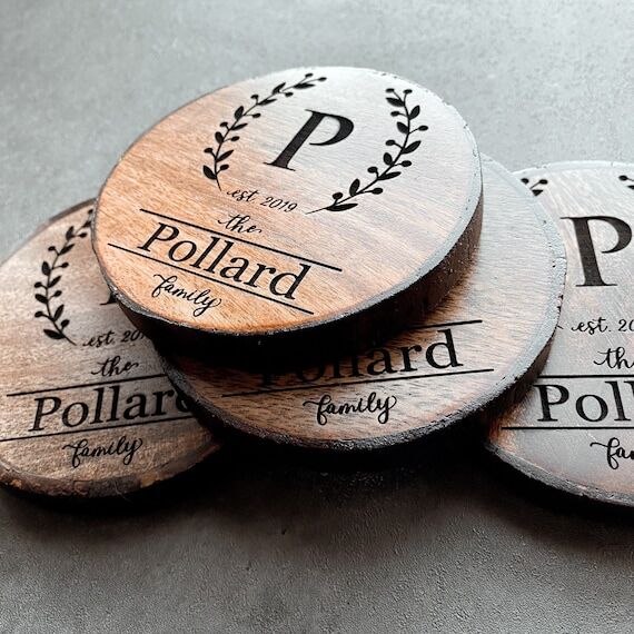 Personalized Mango Wood Coaster Set, Laser En...