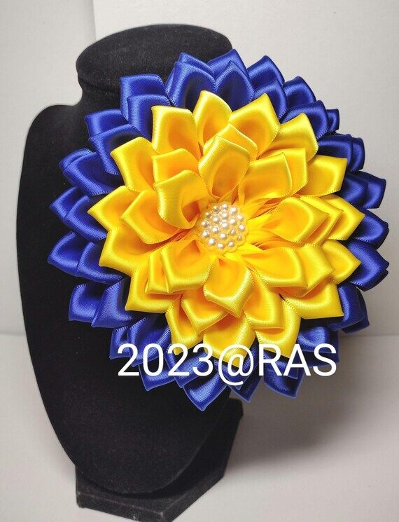 Pin Corsage Royal Blue and Yellow Satin Ribb...