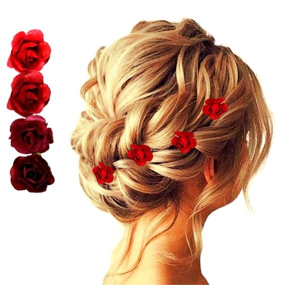 Petite Red Flower Hair Pins for Up-do Hairsty...