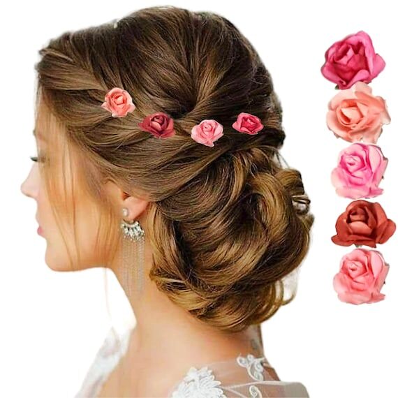 Small Pink Rose Hair Pins Minimalist Pink Flo...