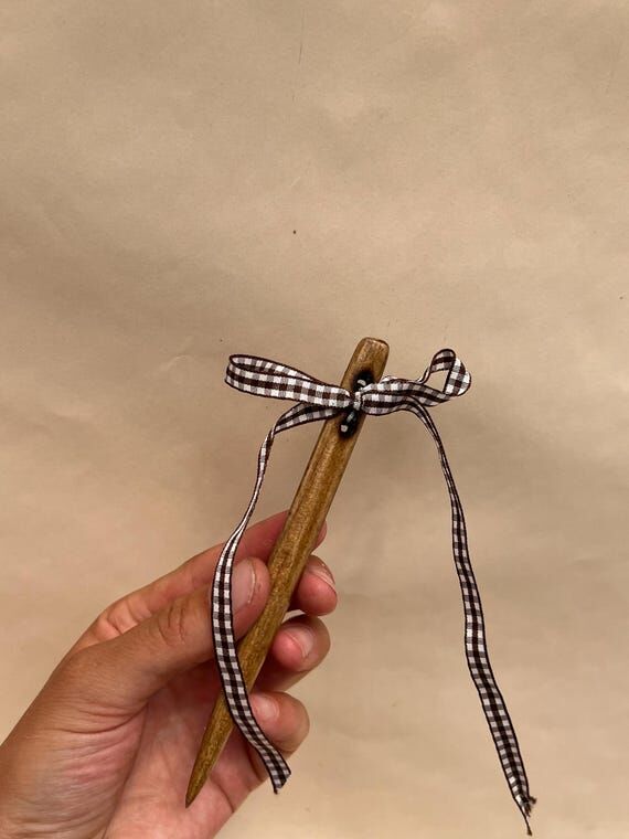 Handmade wooden Hairstick with gingham ribbon...