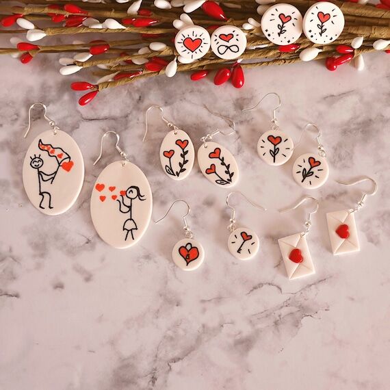 Hand Painted Love Doodles Stud Earrings, Uniq...