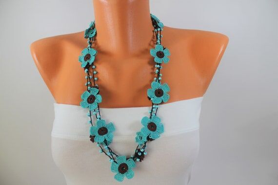 Flower Lariat Necklace, Turquoise Beaded Jewe...