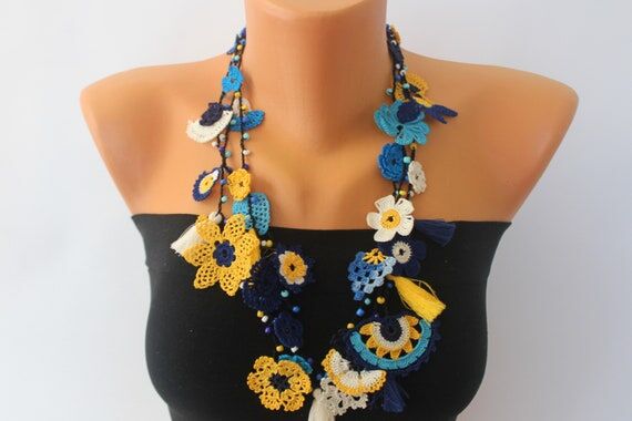 Long Chunky Necklace, Blue Crochet Jewelry, F...