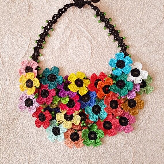 Multicolor Statement Necklace, Beaded Crochet...