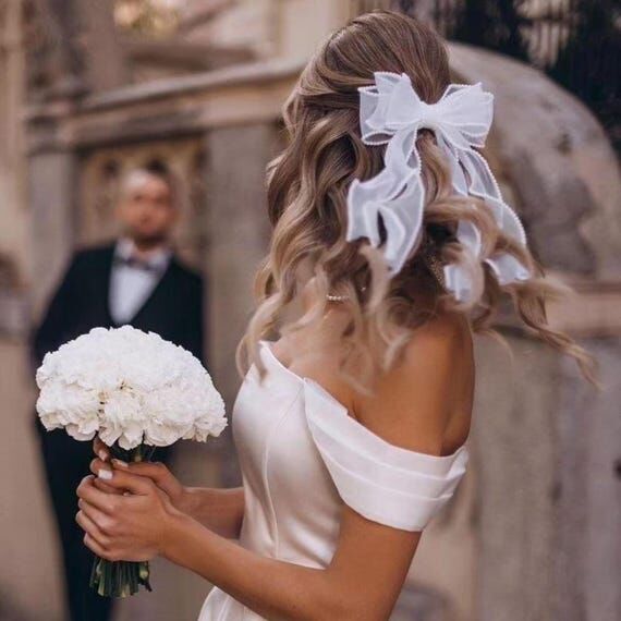 Bridal Hair Accessory: White Bow with Handcra...