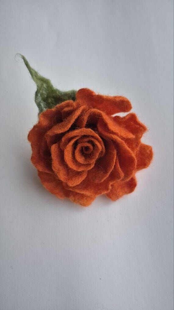 Handmade Orange Felt Rose Brooch, Floral Pin,...