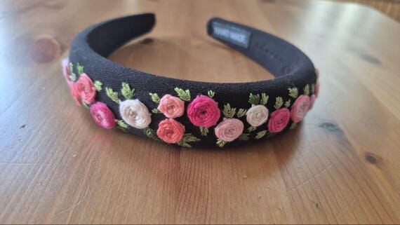 Embroidered Pink Rose Headband, Black Floral ...