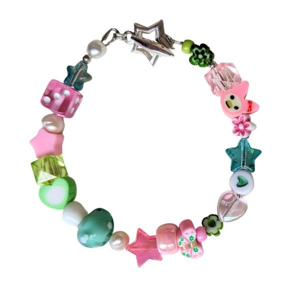 Y2K Beaded Bracelet: Dice, Pearls, Mushroom, ...