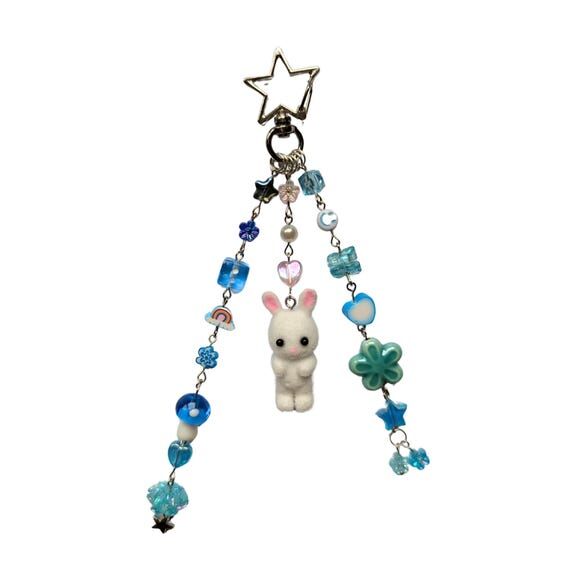 Blue Beaded Bunny Bag Charm: Y2K Keychain Acc...