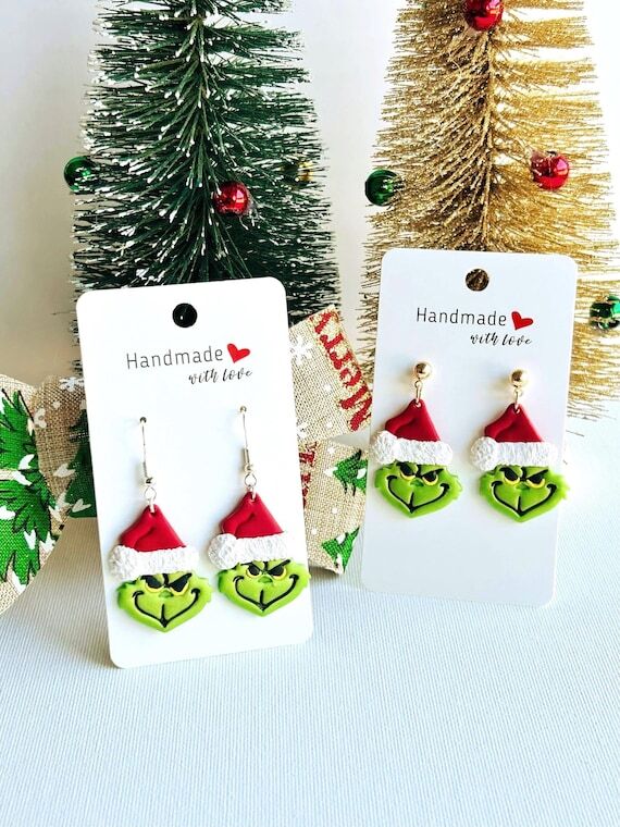 Handmade Grinch Inspired Polymer Clay Earring...