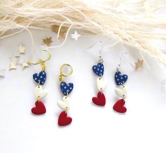 Red White and Blue Polymer Clay Heart Earring...