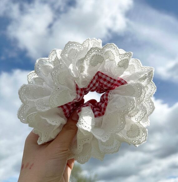Red Gingham Scrunchie: French Broderie Anglai...