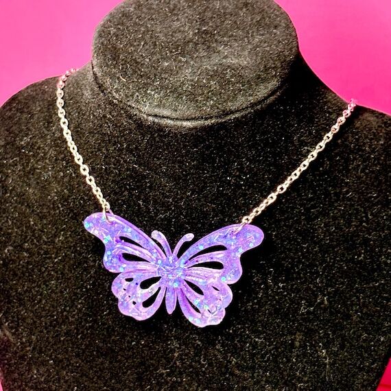 Glitter Butterfly Pendant Necklace - Resin Ch...