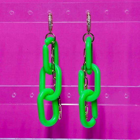 Neon Green + Gold Chain Link Earrings - Chain...