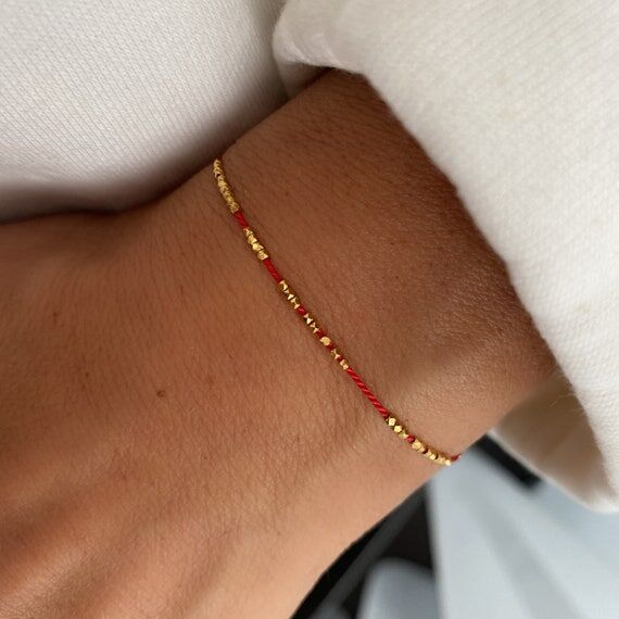 Red Silk string Bracelet with gold vermeil or...