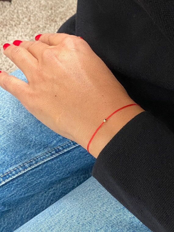 14k Gold Red Silk String Wish Bracelet: Minim...
