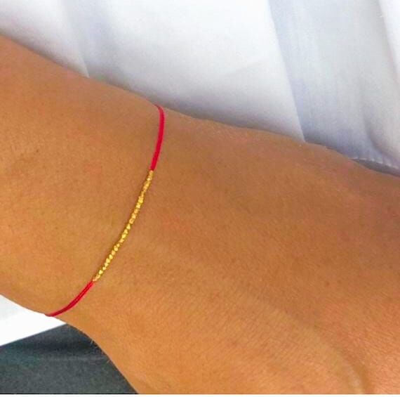 Red Silk Wish Bracelet: Gold Vermeil Beads, F...