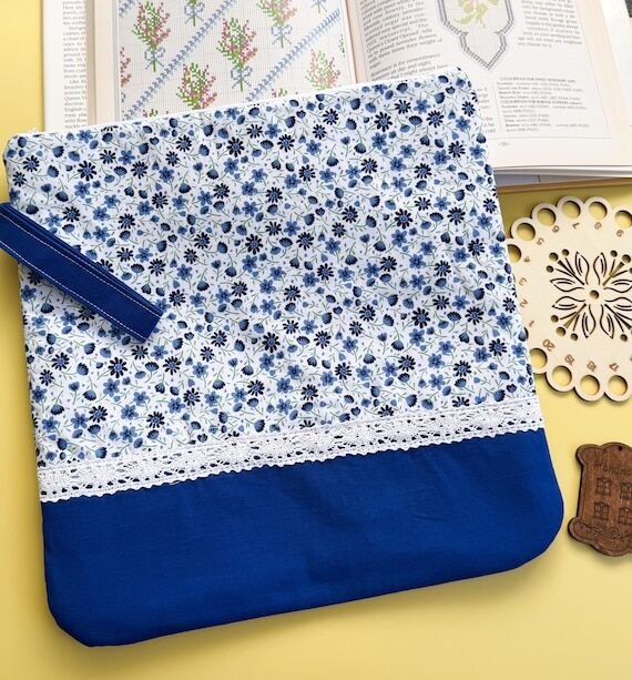 Blue Floral Cross Stitch Project Bag 29x30cm ...