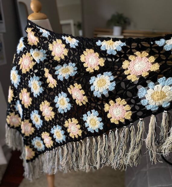 Hand-Knitted Crochet Shawl: Happy Flowers Wra...