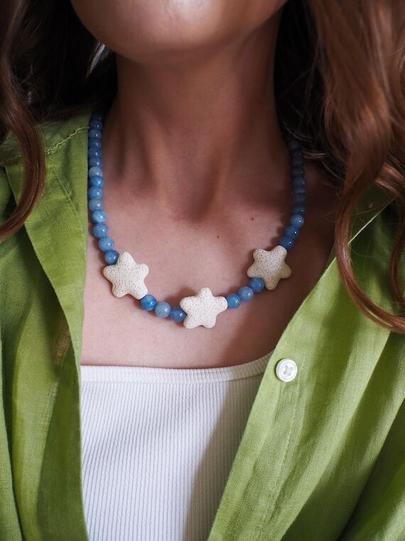 Blue Beaded Star Necklace, Handmade Summer Be...