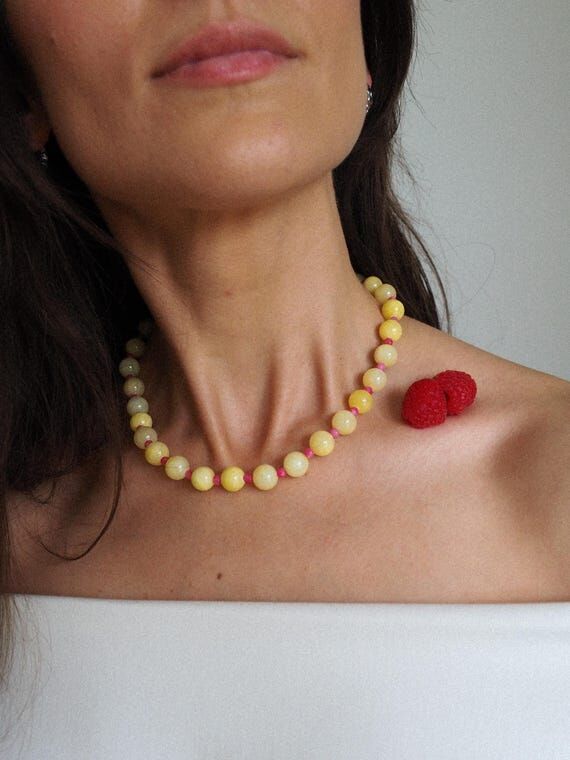 Yellow Jade Beaded Necklace | Handmade Summer...