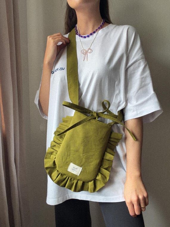 Handmade Khaki Ruffle Purse | Cottagecore Cro...