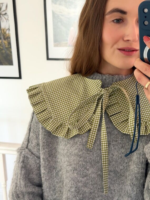 Green Gingham Detachable Collar, Ruffle Colla...