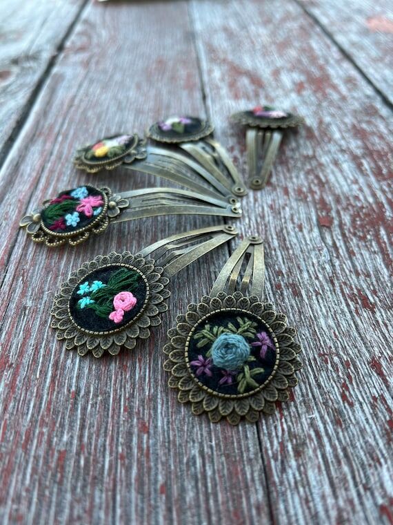 Embroidered Floral Hair Clip: Bronze Hair Pin...