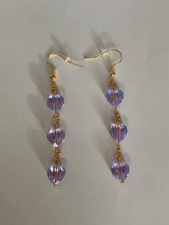 Glass Bead Earrings: Iridescent Lilac Hearts...