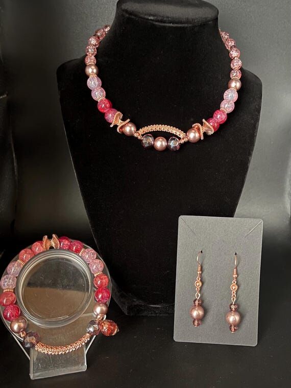 Red Glass Pearl Jewelry Set, Rose Gold Neckla...