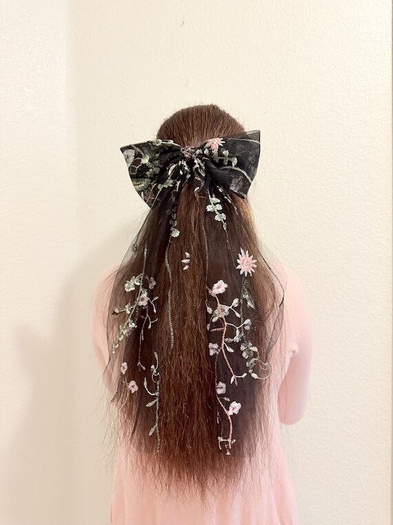 Black tulle bow embroidered flowers bow...