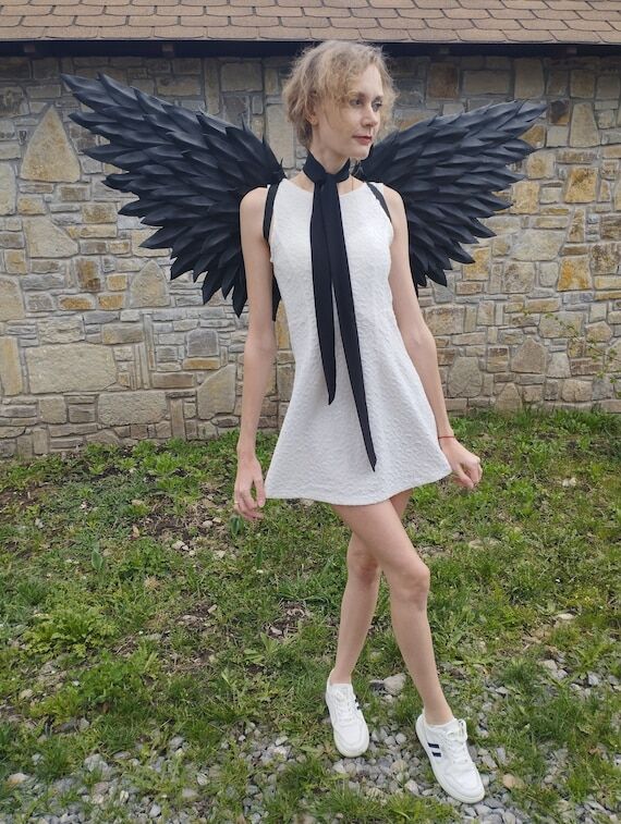 Handcrafted Black Angel Wings: Ethereal Fanta...