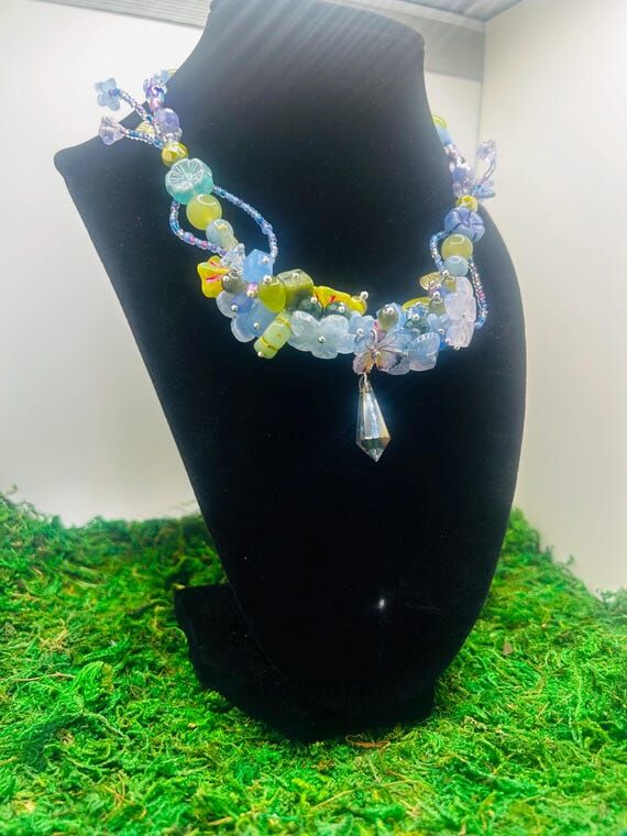 Maximalist Crystal Flower Necklace, Fairycore...