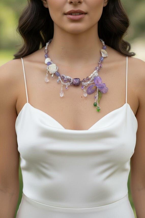 Handmade Iris Necklace | Freshwater Pearl, Cr...