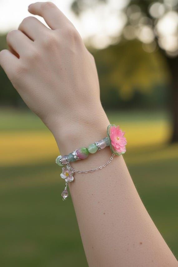 Hand-sculpted Pink Lotus Flower Bracelet, Gla...