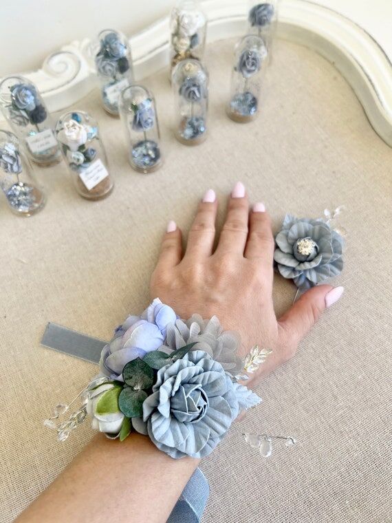 Dusty Blue Prom Corsage and Boutonniere Set, ...