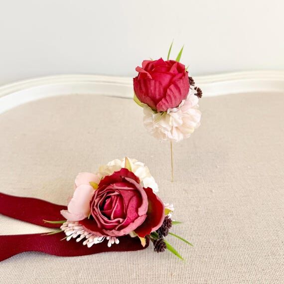 Red Pink Prom Corsage and Boutonniere Set, We...