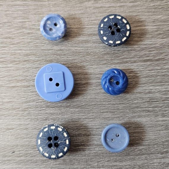 Set of 6 Upcycled Vintage Blue Button Magnets...