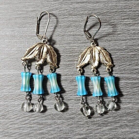 Boho Chic Blue Beaded Chandelier Earrings / U...