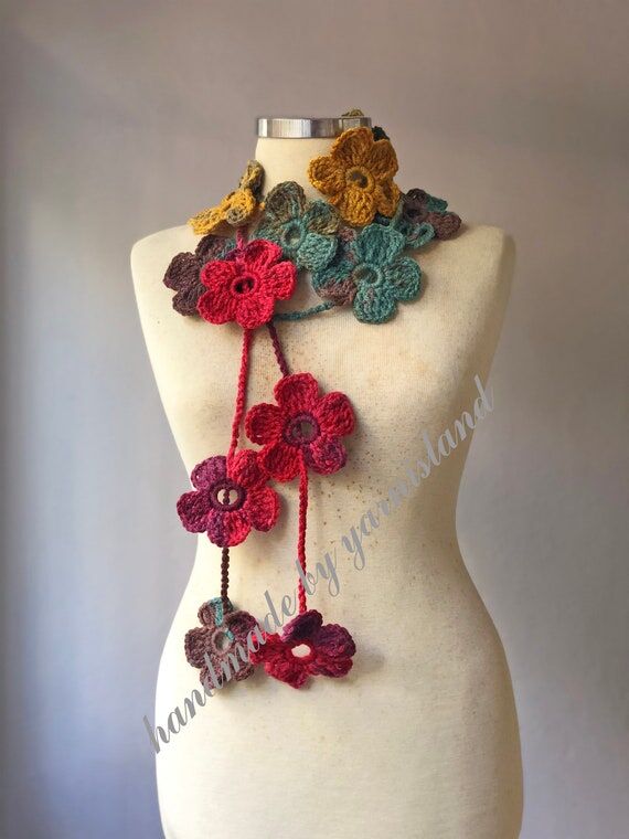 Crochet lariat scarf - handmade crochet flowe...