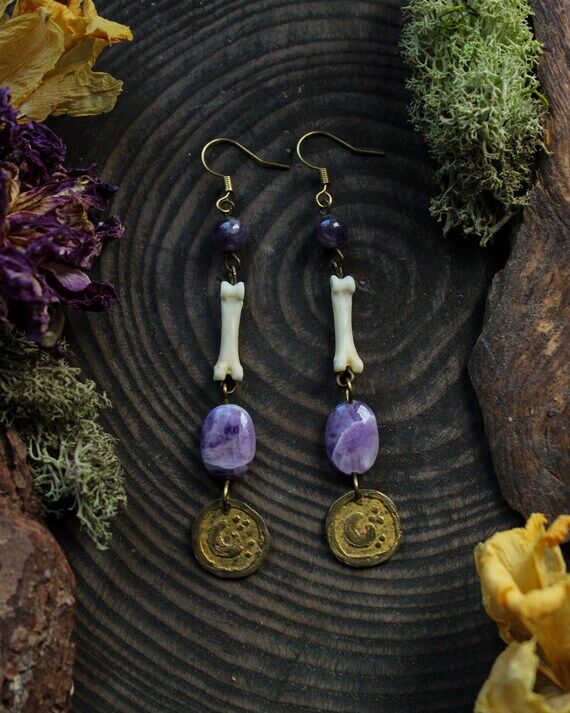 Bone brass earrings, pagan bone jewelry, witc...