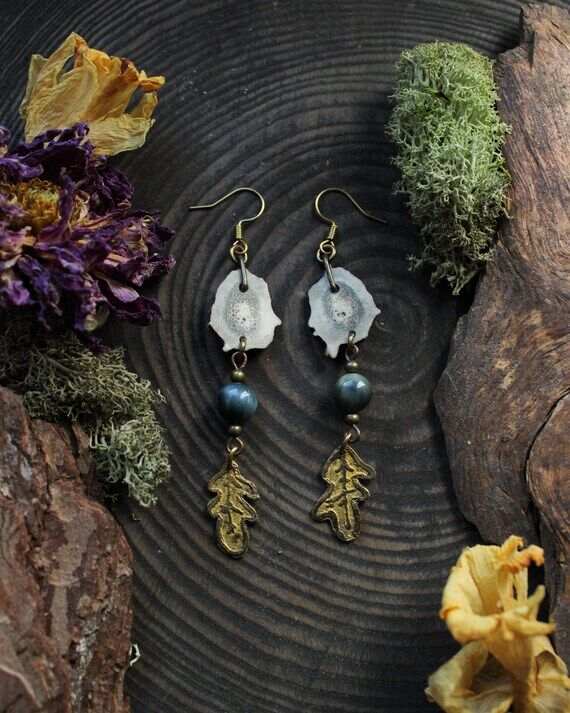 Antler and brass earrings, forest punk, druid...