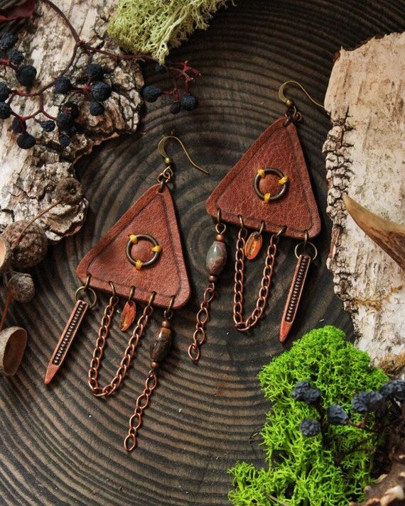 Tribal leather earrings, pagan accessories, h...